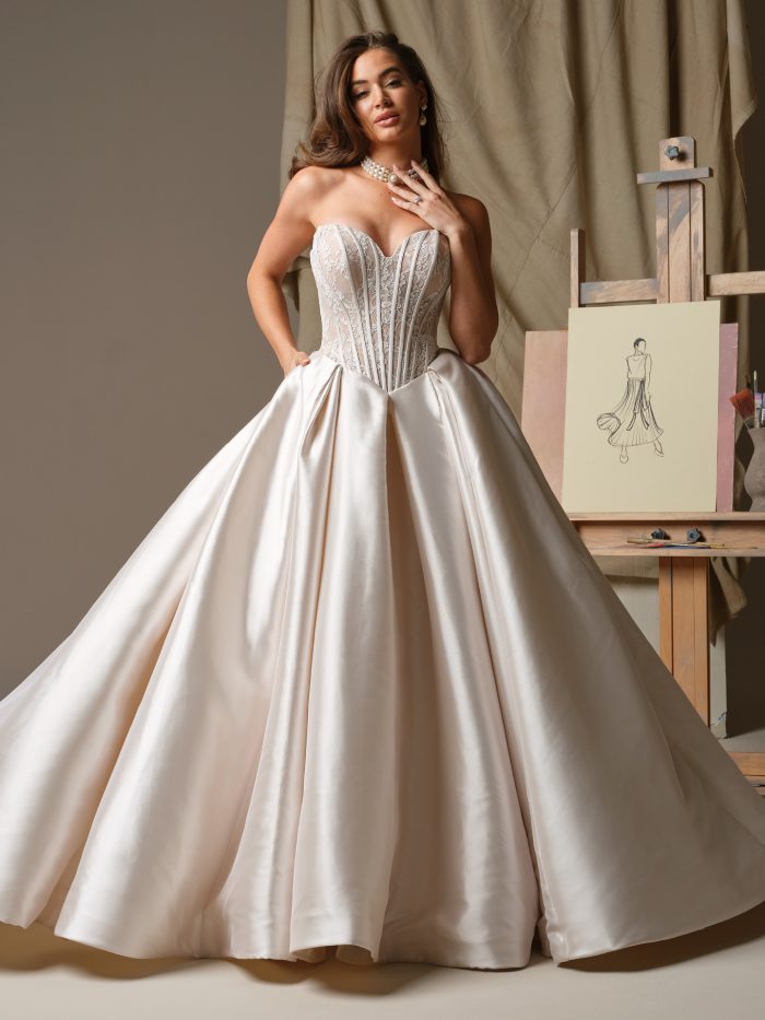 Maggie Sottero Ashland satin ballgown wedding dress with lace corset bodice and full skirt