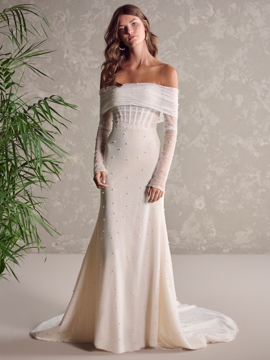 Bride wearing Drew Marie Detachable Jacket as a wedding dress customization