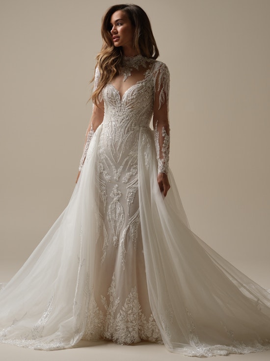 Bride wearing pearl wedding dress called Torrence by Maggie Sottero