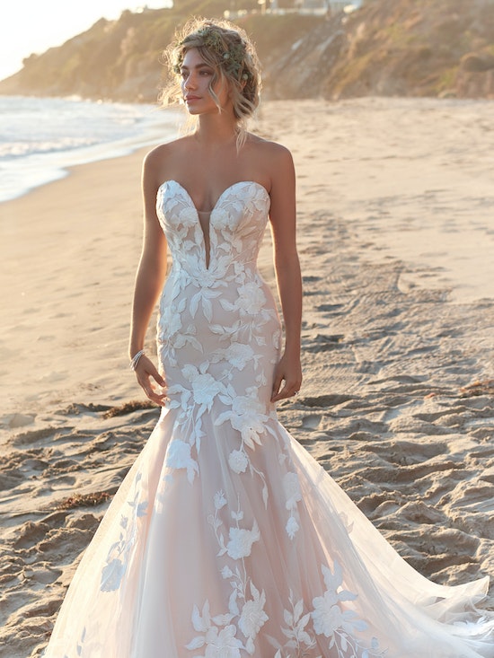 Bride wearing Hattie wedding dress by Rebecca Ingram