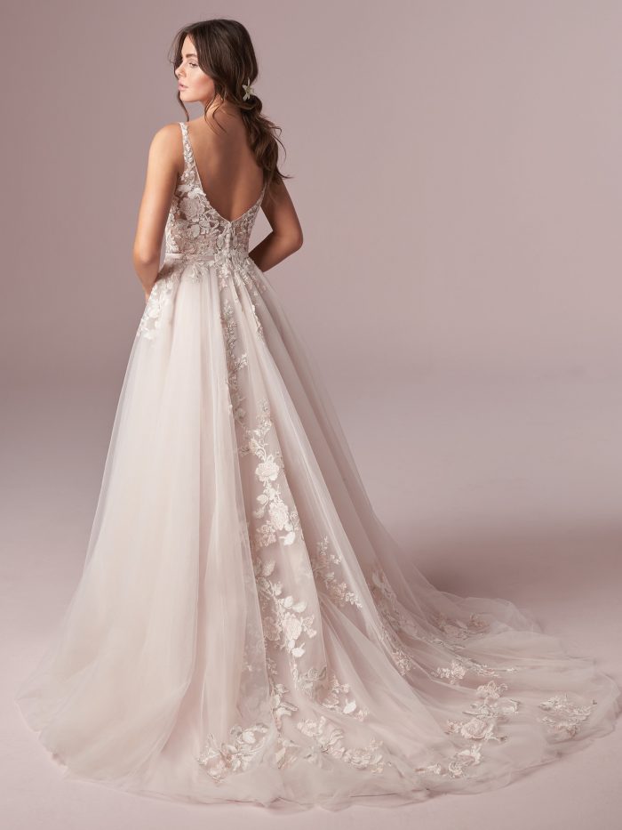 Model Wearing Colorful Floral Lace A-line Wedding Dress Called Minerva by Rebecca Ingram