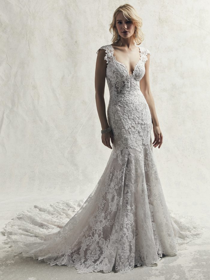 Model Wearing Sexy Lace Mermaid Quick Delivery Wedding Gown Called Chauncey by Sottero and Midgley