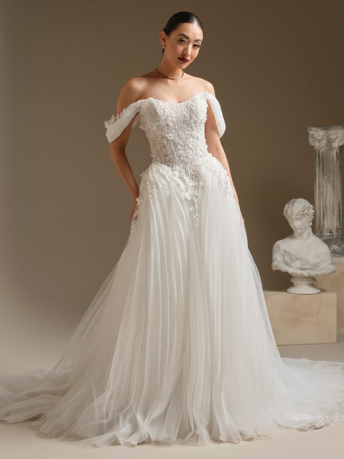 Bride wearing an ethereal off-the-shoulder ballgown wedding dress with detachable pleated tulle sleeves and floral lace detailing. The gown features a sheer corset bodice and flowing layered tulle skirt, styled with a sleek updo and gold choker necklace.