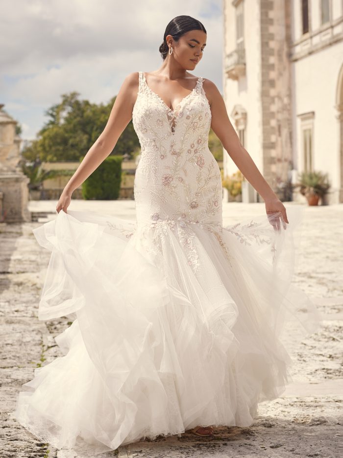 Bride Wearing Plus Size Mermaid Wedding Dress Called Kenleigh by Sottero and Midgley